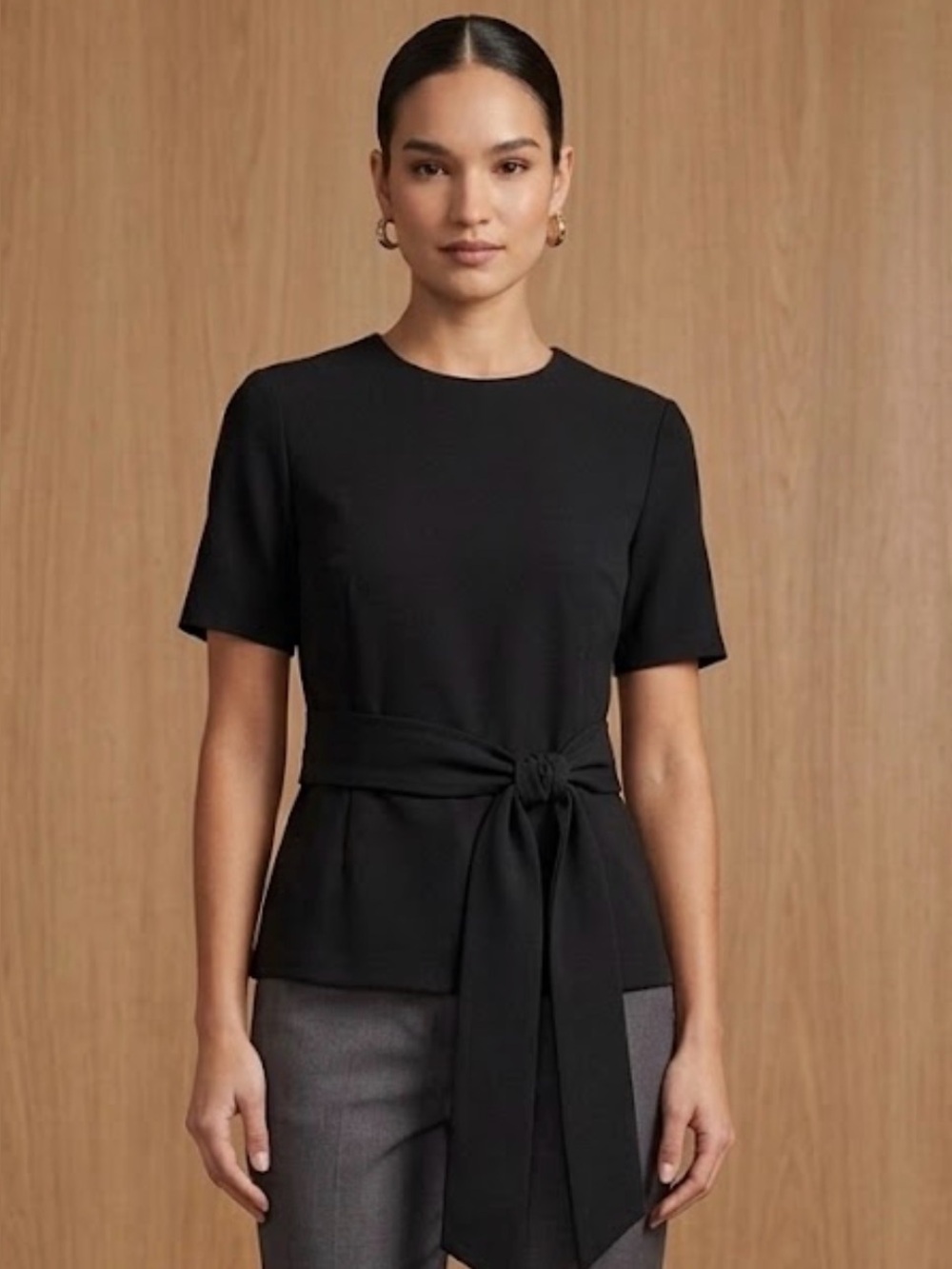 SHEIN women Black Short Sleeve Top with Tie Accent Size L